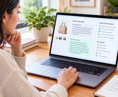 Woman analyzing e-commerce product descriptions on a laptop.