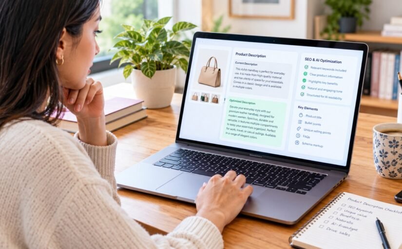 Woman analyzing e-commerce product descriptions on a laptop.