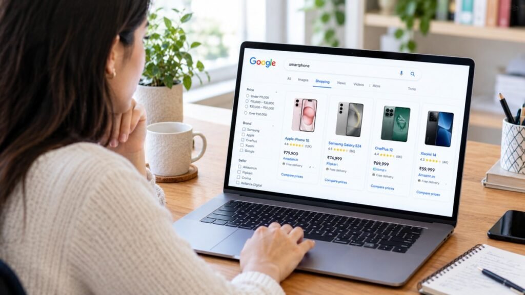 Woman comparing smartphone prices on Google Shopping using a laptop.