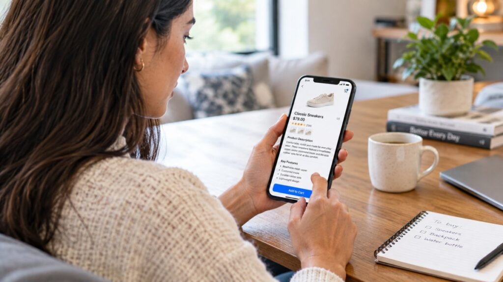 Woman reviewing a sneaker product on her smartphone.