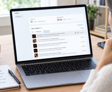 Person reviewing Google Search Console’s trending-down content and traffic metrics on a laptop.