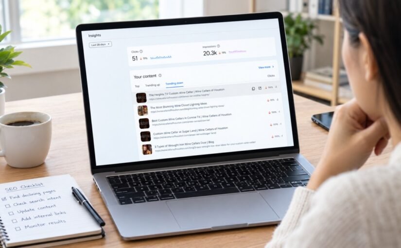 Person reviewing Google Search Console’s trending-down content and traffic metrics on a laptop.