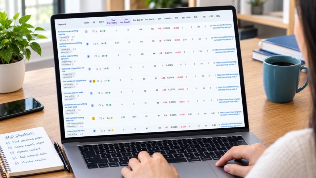 SEO keyword ranking data displayed on a laptop screen.