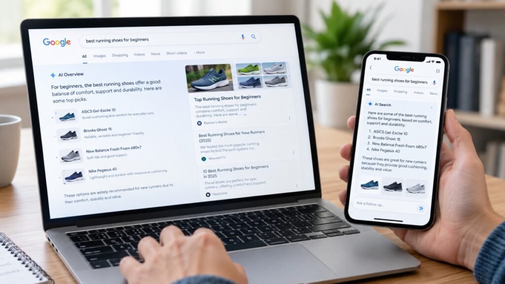 AI Overviews and AI search results displayed on a laptop and smartphone.