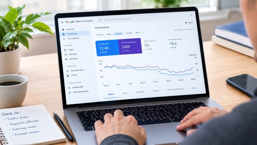 Google Search Console showing a website traffic drop.