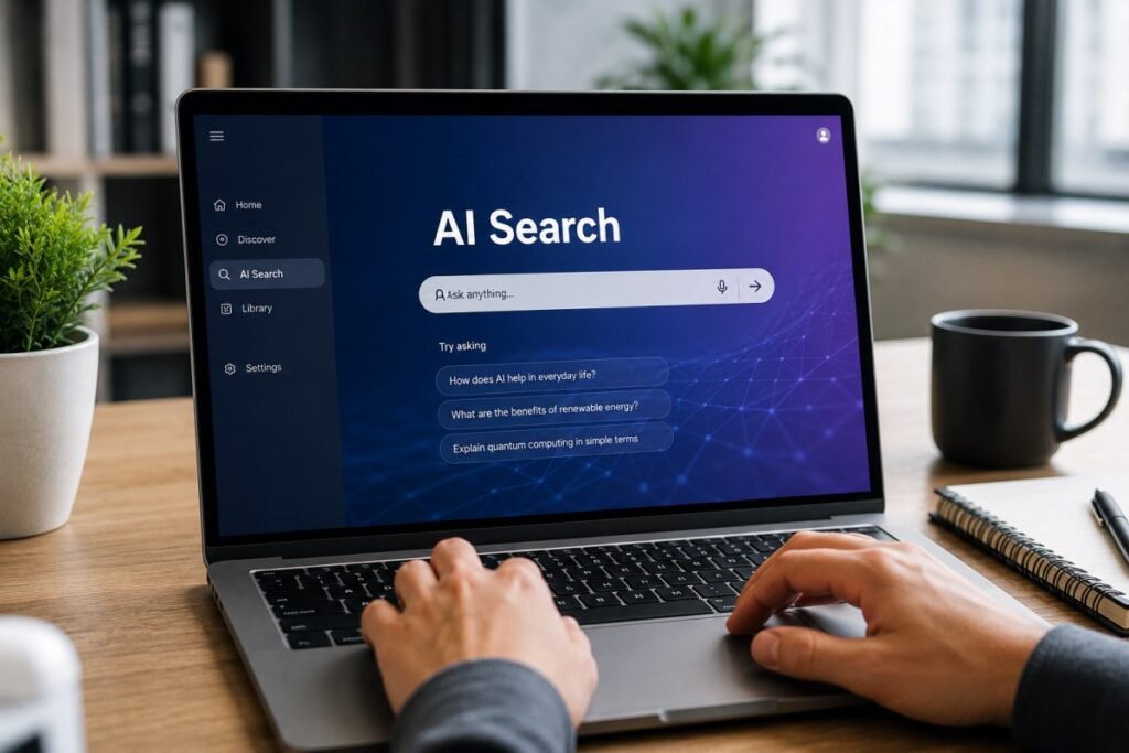 AI Search interface on a laptop in a modern workspace.