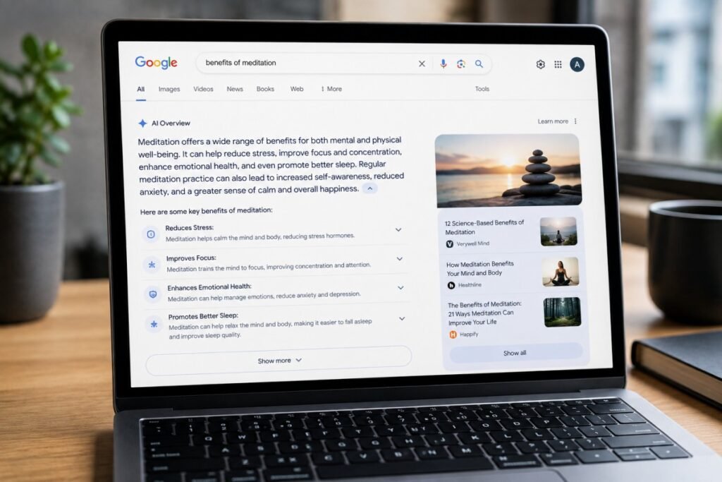 Laptop displaying an AI Overview search result.