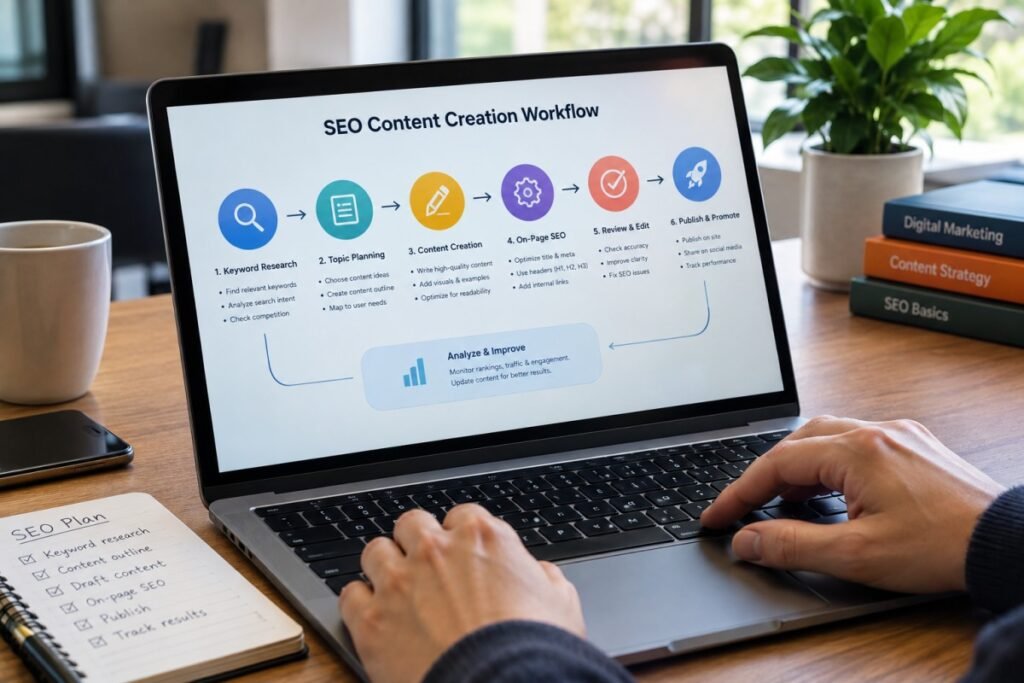 SEO content creation workflow on a laptop.