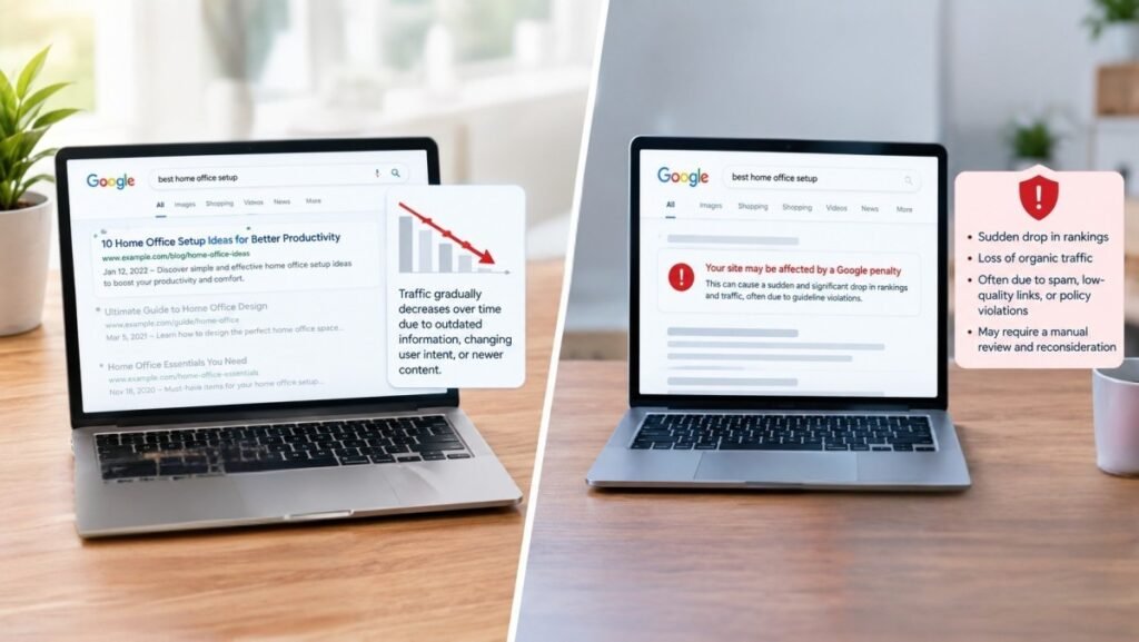 Content decay vs. Google penalty in search rankings.